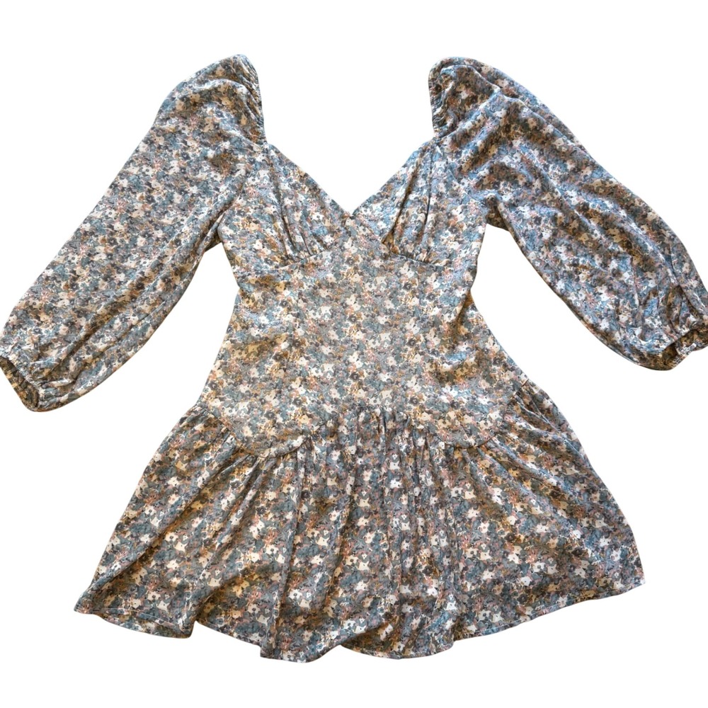 Storia Floral Long Sleeve Mini Dress Blue Cottagecore Puff Sleeve Womens L
